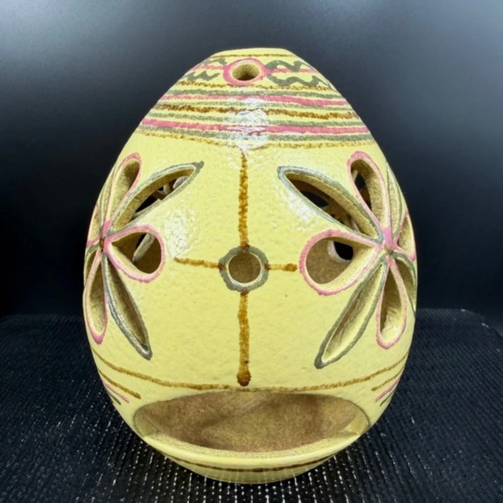 Hand Painted‎ Ceramic Candle Holder Floral Cutout Pottery Luminary Yellow Decor